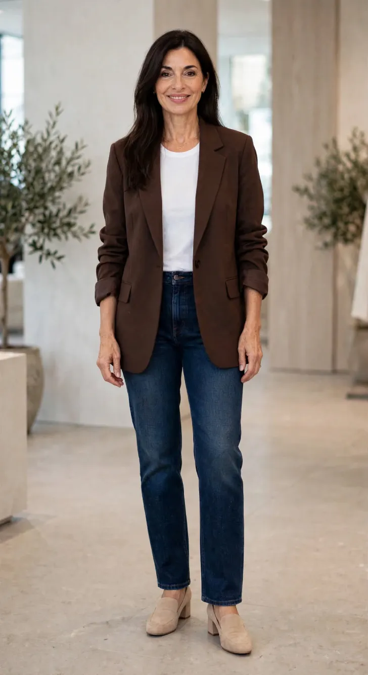  Woman over 40 wearing chocolate brown slightly oversized blazer with sleeves pushed to forearm, white fitted tee, dark straight jeans, and beige block heel loafers in a minimal lobby