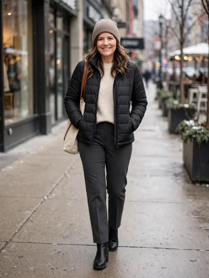 Woman walking on wet city sidewalk in black slim puffer jacket, oatmeal knit, charcoal tailored pants and black ankle boots with taupe beanie and canvas tote