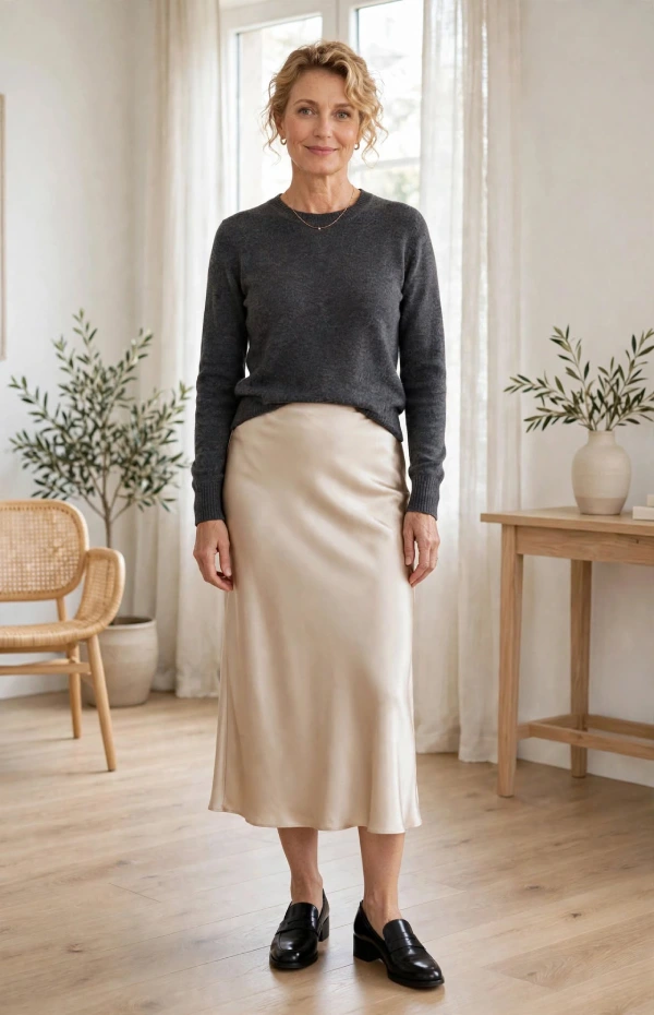 Woman with low bun wearing charcoal fine knit sweater tucked into champagne satin slip midi skirt and black heeled loafers
