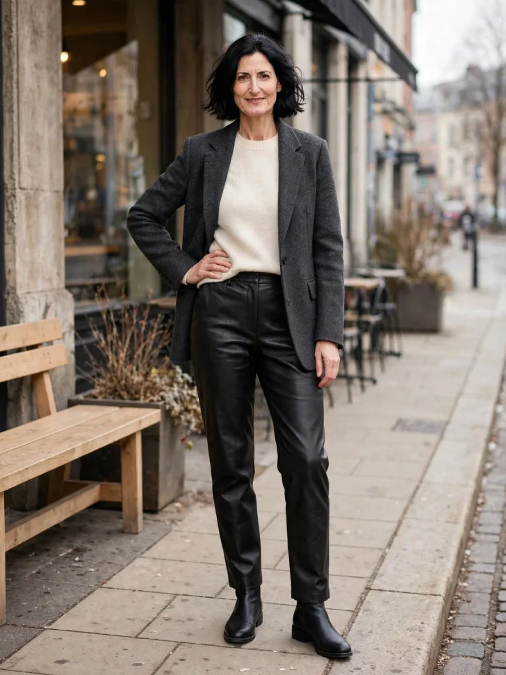 Woman in her 40s with tousled dark bob wearing matte black slouchy leather pants, cream knit tucked in, charcoal blazer and black ankle boots, standing outside cafe with hand on hip