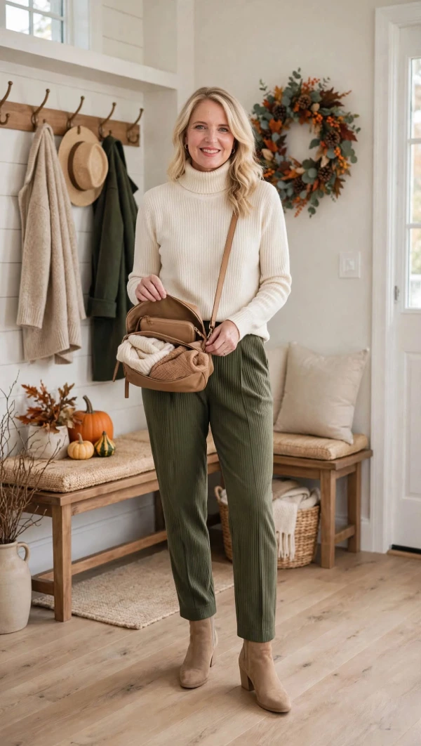 Woman over 40 in cream turtleneck and olive pleated pants holding tan crossbody bag open showing folded backup knit and scarf in Thanksgiving entryway with wreath