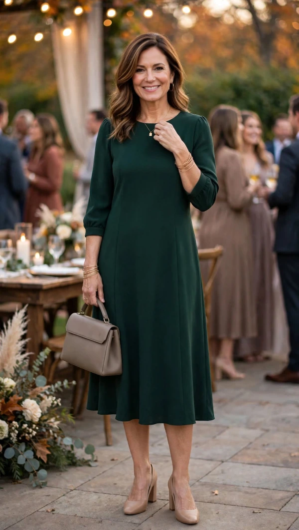Woman over 40 wearing deep green crepe midi dress with small gold pendant necklace, thin hoops, stacked bracelets, taupe top-handle bag, and nude block heels
