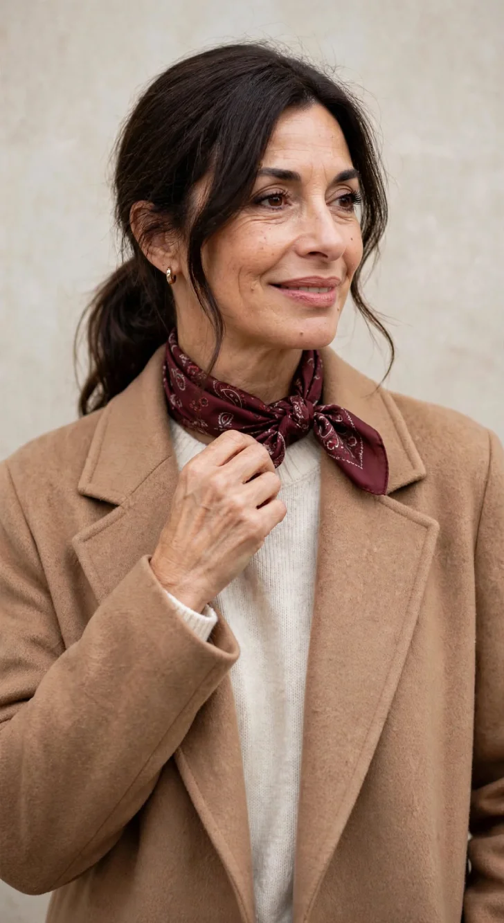 Woman over 40 wearing camel coat and cream knit with small burgundy printed silk scarf tied close in side knot, hand adjusting knot, low ponytail