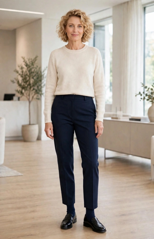 Woman with curly blonde bob wearing cream sweater, navy cropped trousers, navy socks and black penny loafers
