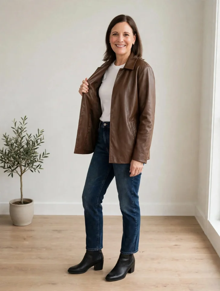 Woman over 40 with straight dark brown hair tucked behind ears wearing espresso soft leather jacket, white tee, dark straight jeans and black block heel boots