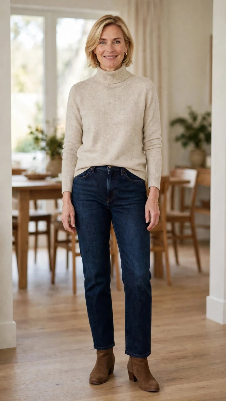 Woman with short blonde bob wearing oatmeal turtleneck sweater, dark indigo straight jeans, and brown suede ankle boots in a bright living room