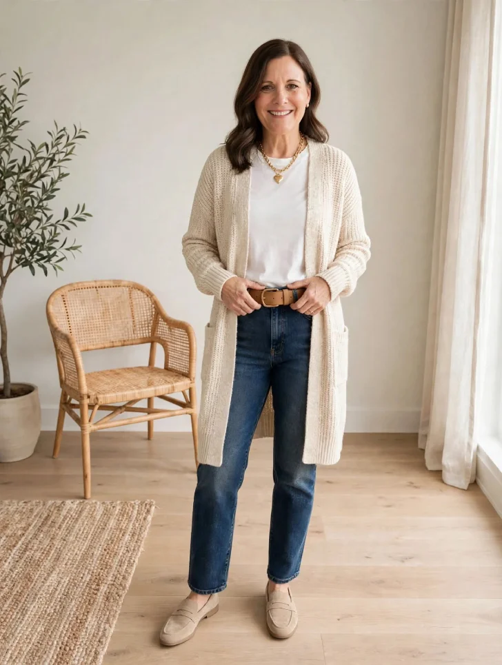 Woman with soft low waves wearing long oatmeal cardigan over white tee, wide tan leather belt cinched at waist over dark jeans and beige loafers