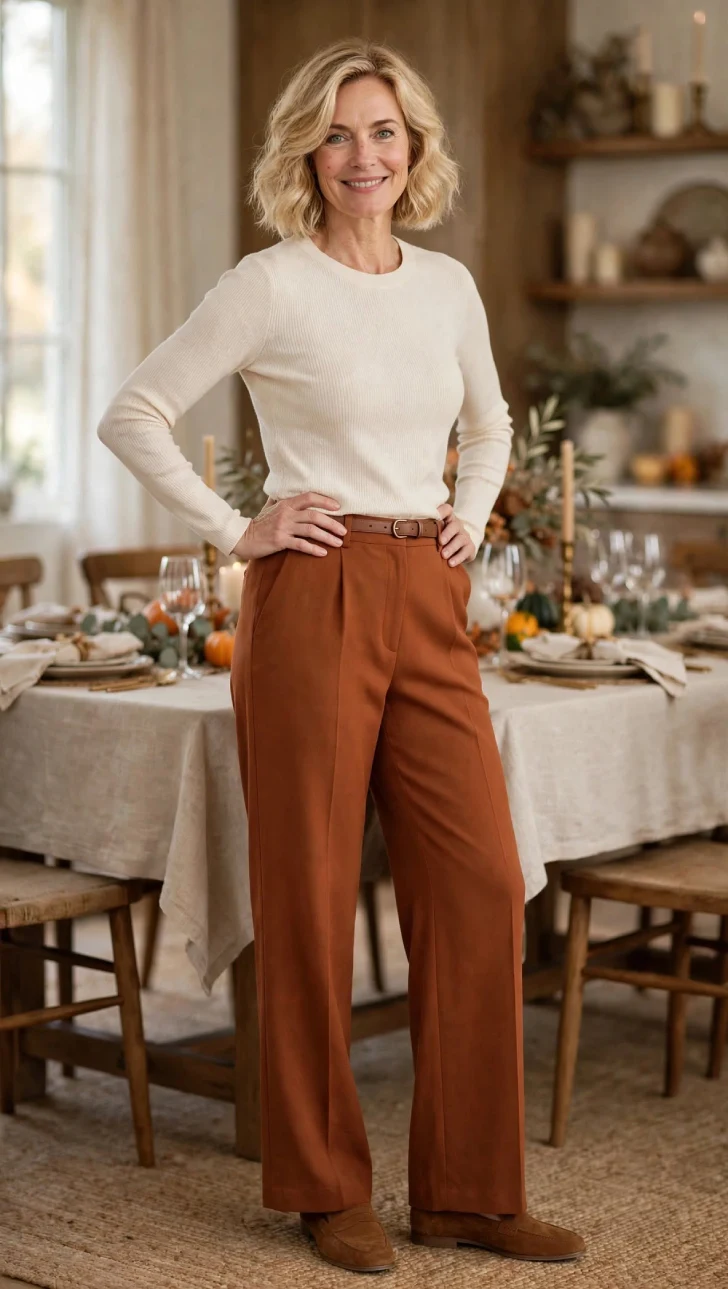 Woman with short wavy blonde bob wearing rust ponte wide-leg trousers, cream fine-knit sweater, brown belt and suede loafers by a Thanksgiving table