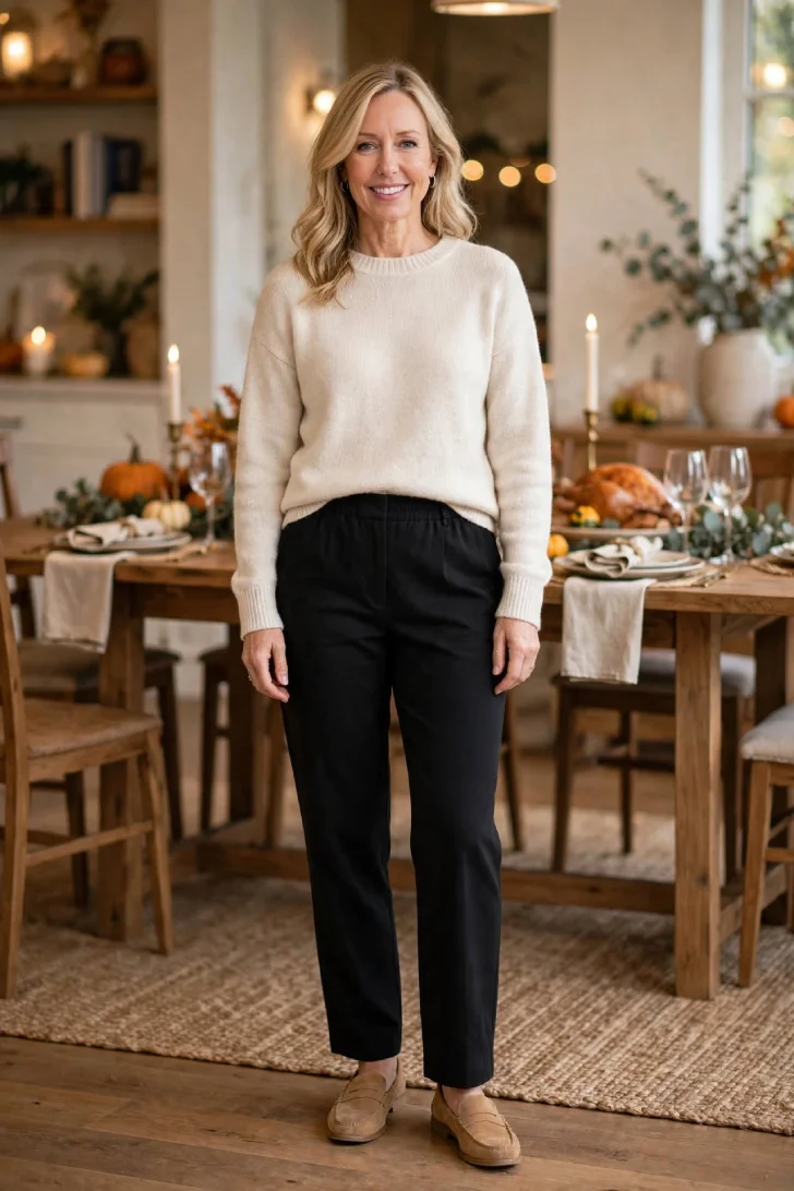  Woman over 40 with loose blonde waves wearing cream sweater and black pull-on pants with stretchy waist in Thanksgiving dining room