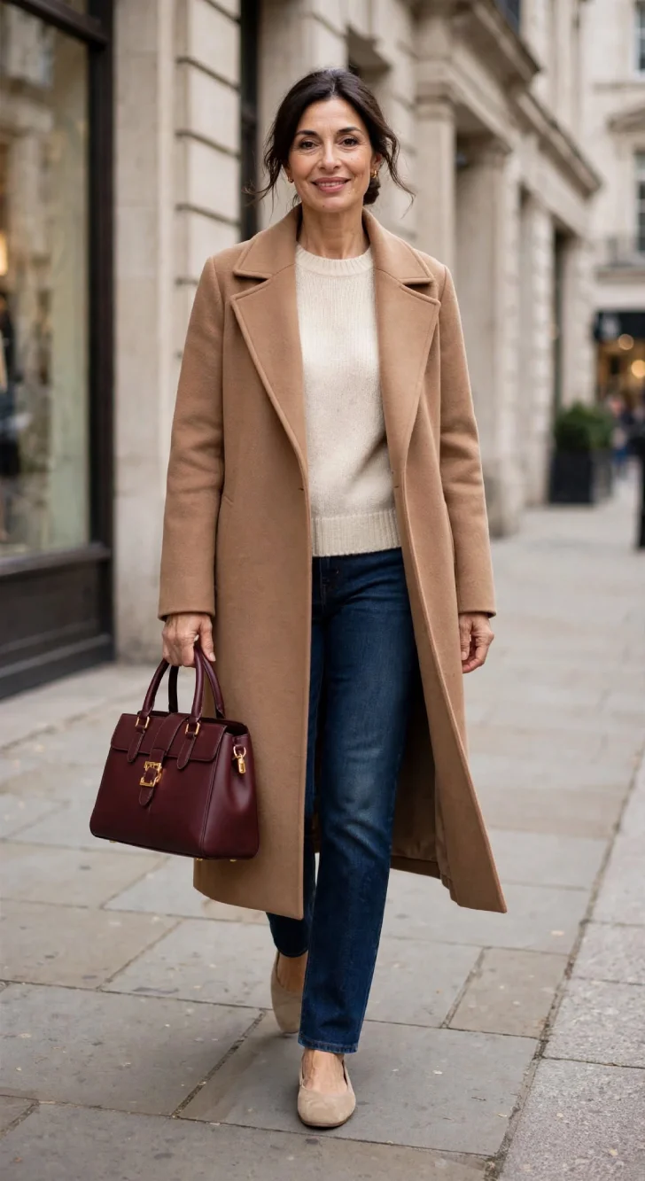 Woman over 40 walking on city sidewalk wearing cream sweater, camel long coat, dark jeans and beige flats carrying burgundy structured top-handle bag with gold hardware