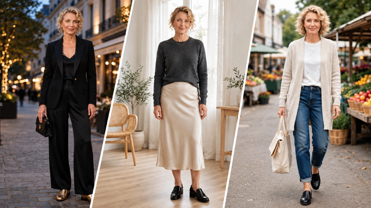 Three stylish outfits for women over 40 featuring a black suit, charcoal sweater with a satin midi skirt, and a cream cardigan with jeans.
