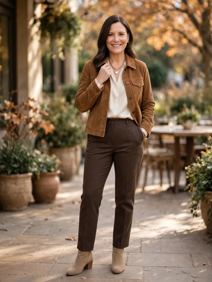 Woman with straight dark brown hair wearing caramel suede trucker jacket over cream blouse and dark brown trousers with tan block-heel boots on autumn patio