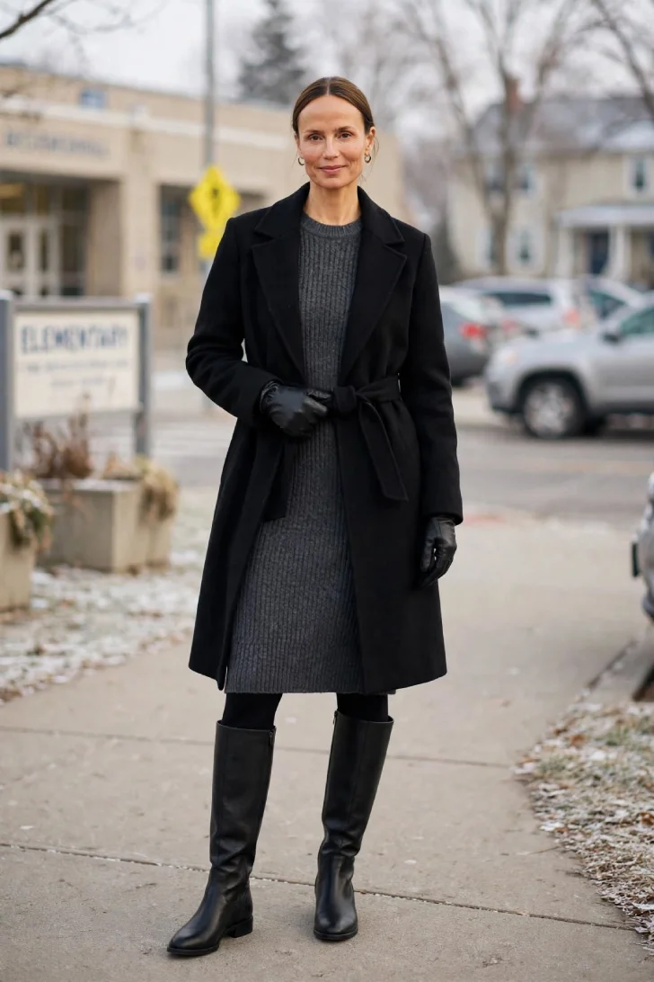 Woman over 40 wearing charcoal midi sweater dress with black fleece-lined tights, black tall boots and black belted wool coat with leather gloves
