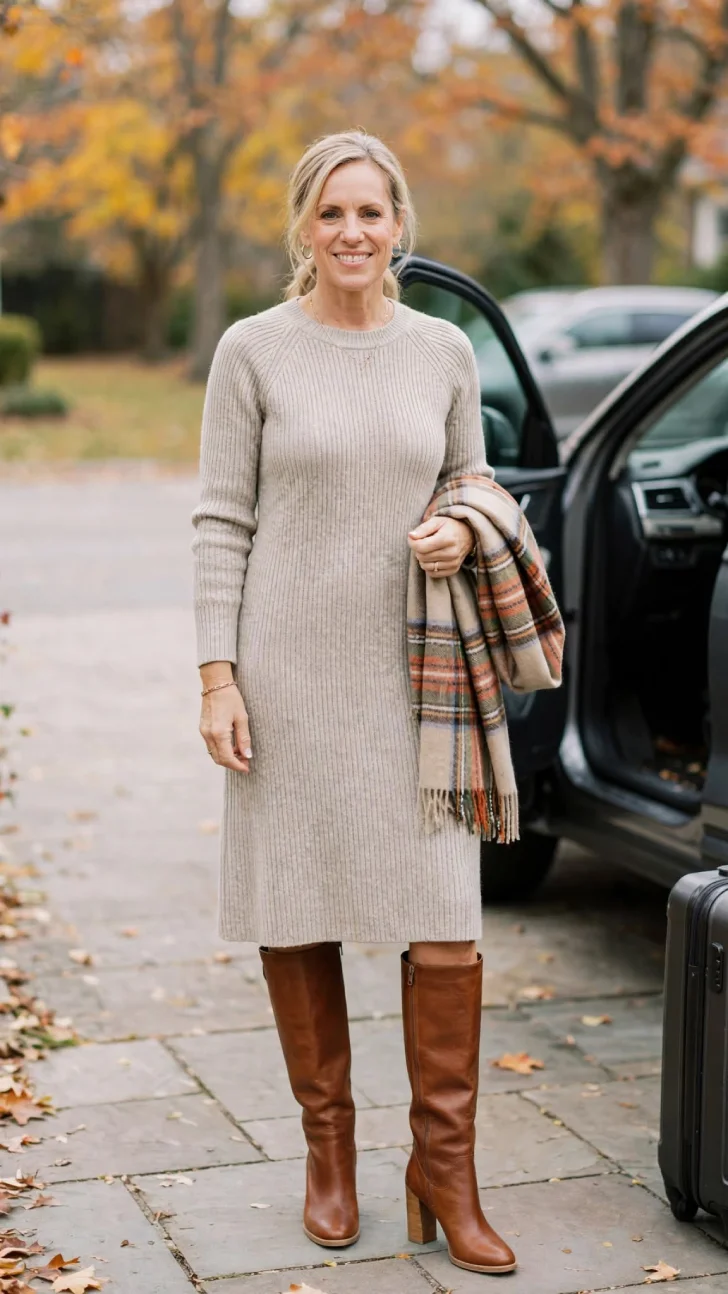 Woman over 40 with low ponytail wearing oatmeal ribbed sweater dress and cognac knee-high boots holding plaid scarf beside car in autumn driveway.