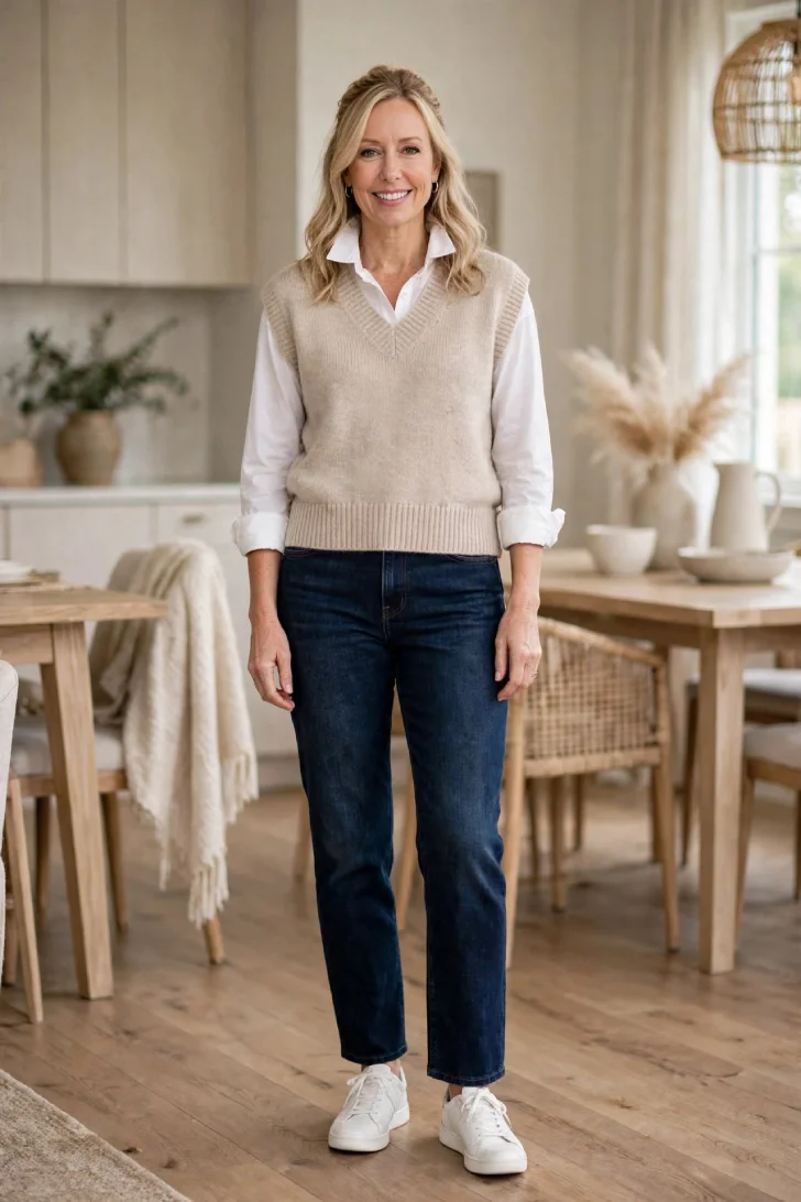 Woman over 40 with half-up blonde hair wearing oatmeal sweater vest over white collared shirt and dark jeans in dining room
