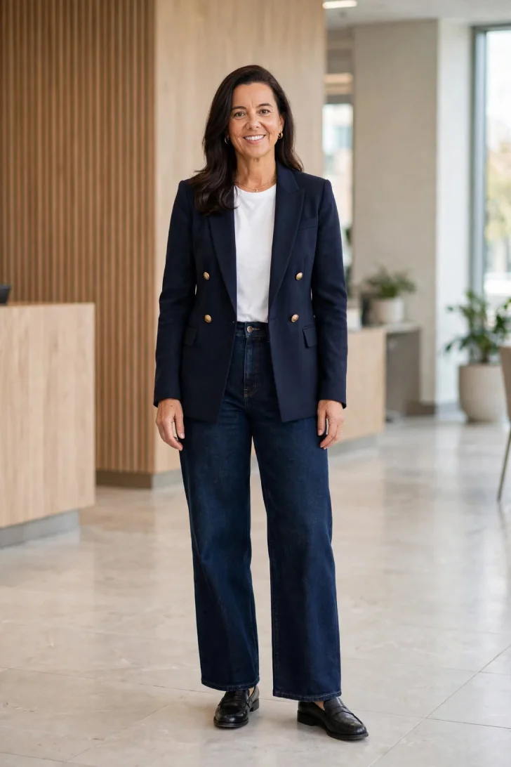 Woman over 40 wearing dark wide-leg jeans, white tee, navy tailored blazer with structured shoulders and black loafers in office lobby
