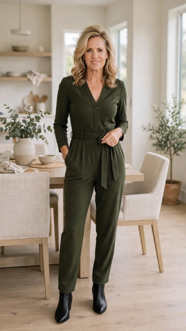  Woman over 40 with voluminous blonde hair wearing olive tailored jumpsuit with soft belt and black ankle boots, hand on belt in dining nook.