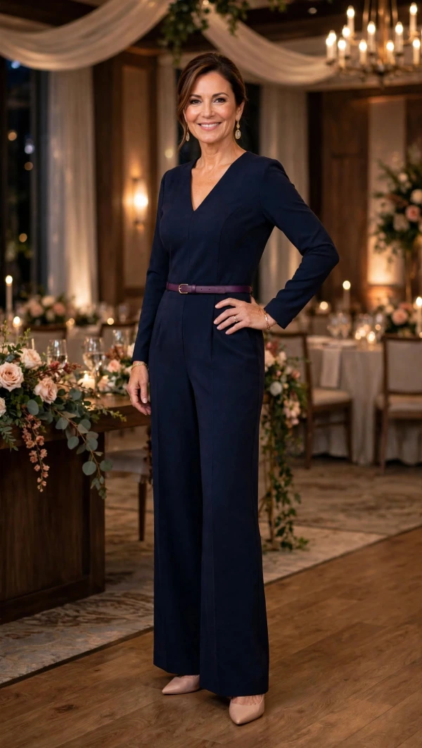 Woman over 40 wearing navy wide-leg crepe jumpsuit with V-neck, thin plum belt, and nude pointed flats in warm ballroom reception