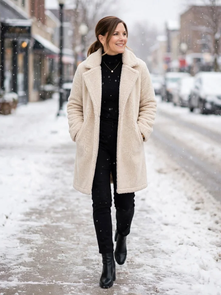 Woman walking in snowfall wearing oatmeal teddy coat, black fitted turtleneck, slim black ankle pants and black ankle boots with hands in pockets