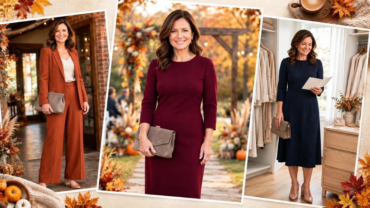 Thanksgiving outfit ideas for women over 40 featuring a rust-colored pantsuit, an elegant burgundy dress, and a classic navy dress.