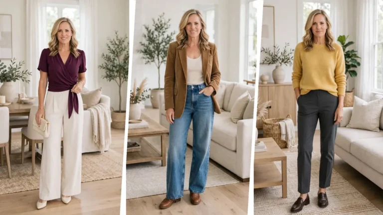 Three women over 40 wearing comfortable and chic Thanksgiving outfits: a plum wrap top with cream trousers, a corduroy blazer with wide-leg jeans, and a mustard sweater with charcoal trousers