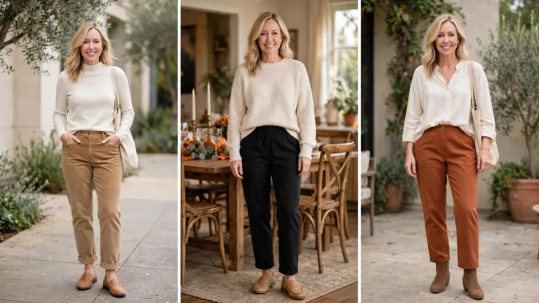 Same woman over 40 in three Thanksgiving outfits not too dressy - tan corduroy with ivory turtleneck, black stretch waist pants with cream sweater, rust pants with cream blouse - 3-panel street style