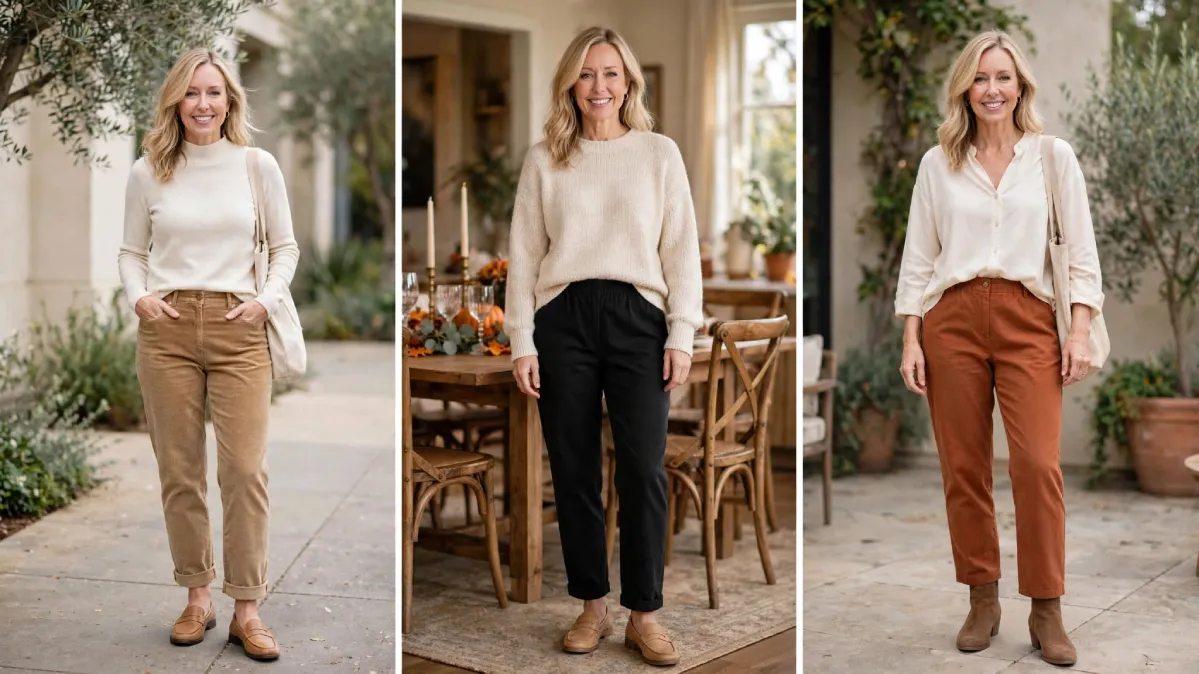 Same woman over 40 in three Thanksgiving outfits not too dressy - tan corduroy with ivory turtleneck, black stretch waist pants with cream sweater, rust pants with cream blouse - 3-panel street style