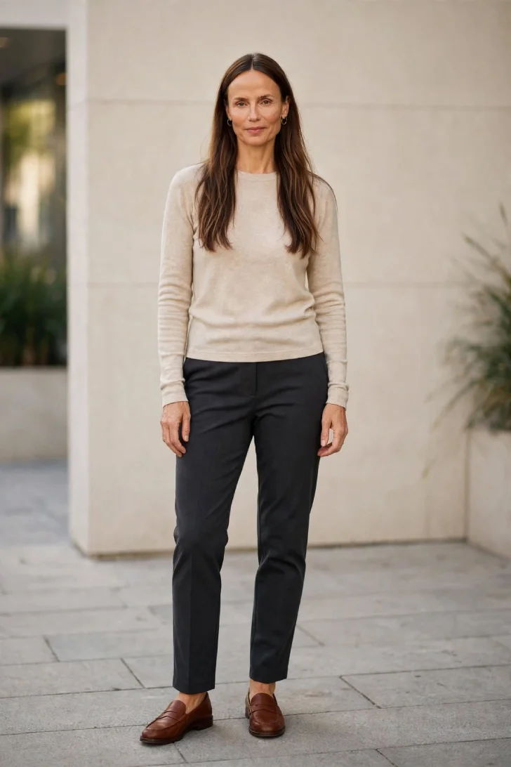 Woman over 40 wearing fitted oatmeal merino long-sleeve crew neck base layer with charcoal slim trousers and brown loafers, standing in natural daylight