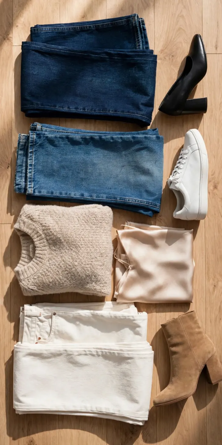Flat lay of three pairs of jeans on light wood floor - dark indigo, medium wash and off-white - with black pumps, white sneakers, tan ankle boots, cream sweater and silk cami