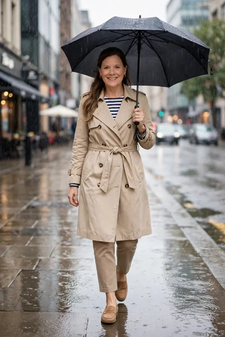  Woman with half-up ponytail holding black umbrella wearing beige trench coat, striped top, cropped camel pants and tan loafers on rainy sidewalk
