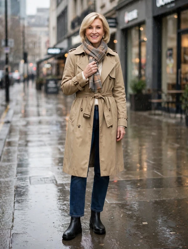 Woman with blonde bob wearing camel trench coat belted, plaid wool scarf, dark jeans, and black Chelsea boots on rainy sidewalk