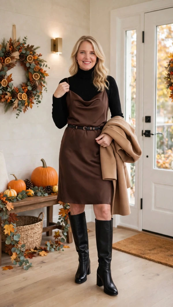 Woman over 40 in black turtleneck under chocolate brown satin slip dress with black tall boots holding camel coat in entryway with wreath