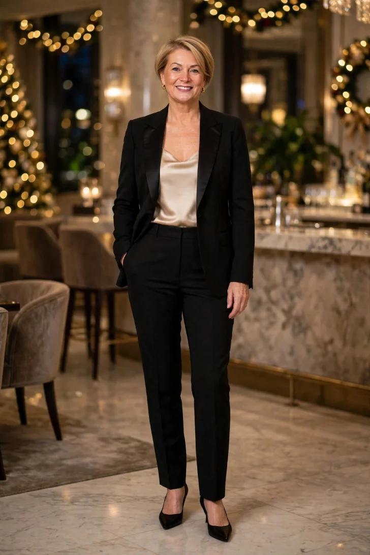 Woman over 40 wearing black tuxedo blazer with satin lapel and matching tailored trousers over champagne satin camisole with black pointed pumps in upscale hotel lobby bar