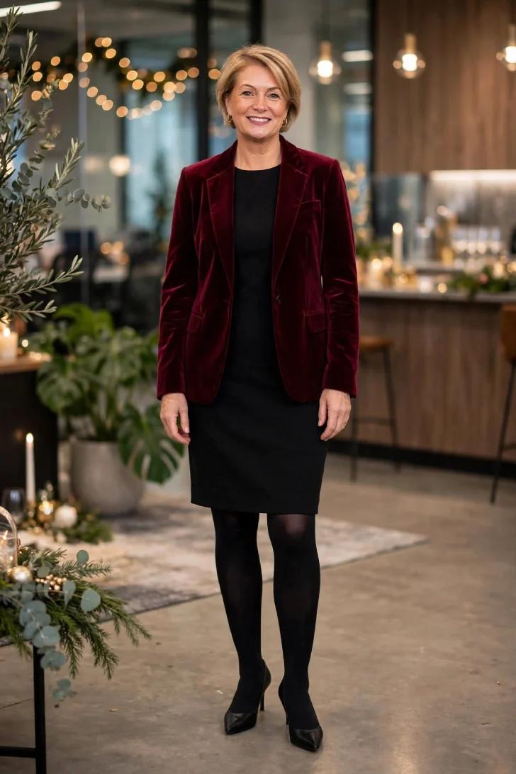 Woman over 40 wearing burgundy velvet blazer over black knee-length sheath dress with black opaque tights and black pointed pumps in modern office decorated for holidays