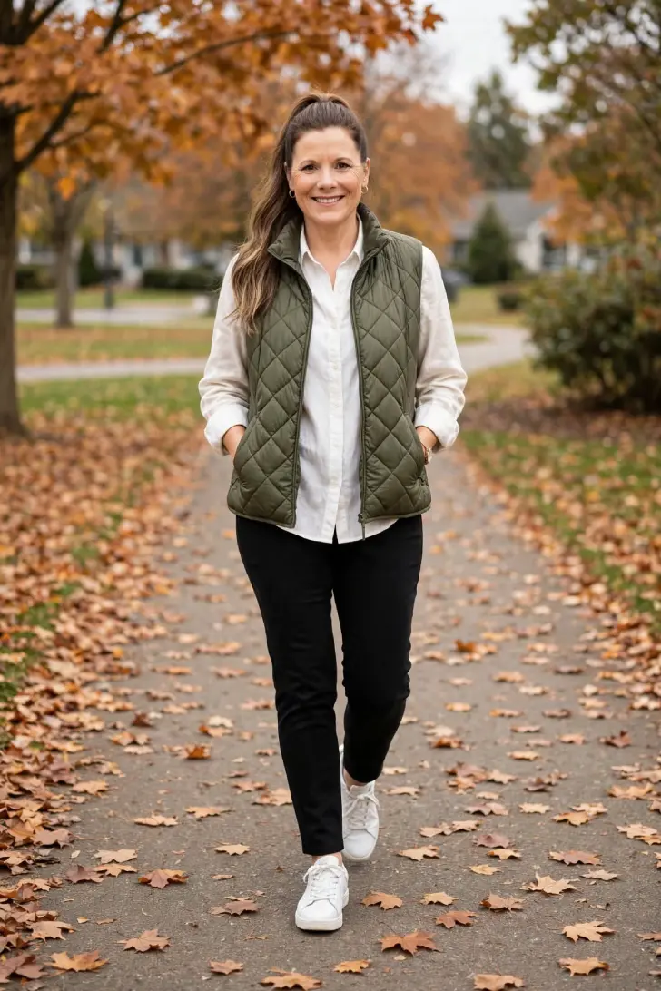 Woman with high ponytail wearing olive quilted vest, white button up shirt, black slim ankle pants and white sneakers walking in park
