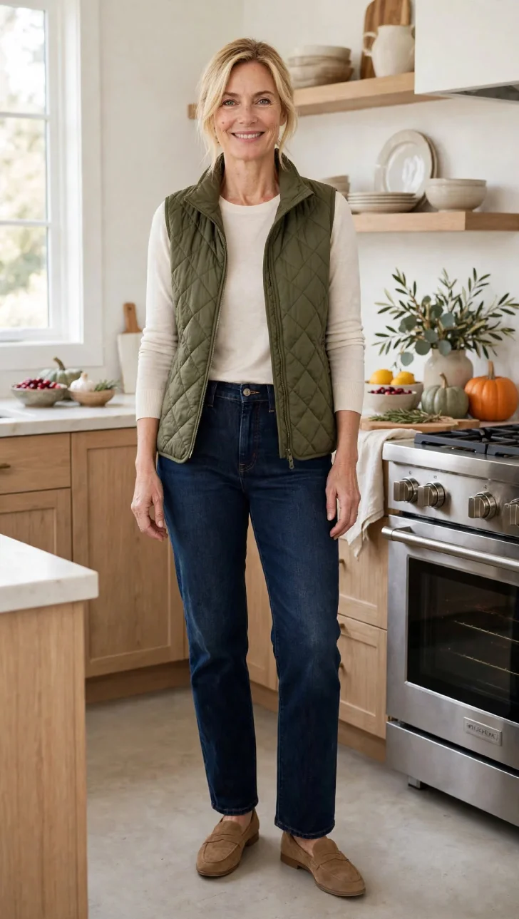 Woman with short blonde bob in low bun wearing olive quilted vest, cream long-sleeve tee, dark straight jeans, and brown loafers in Thanksgiving kitchen