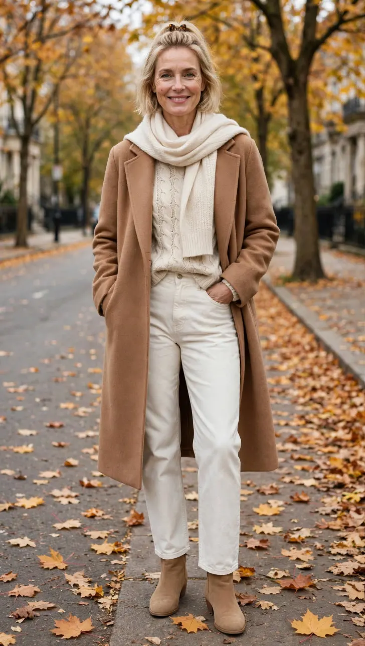 Woman with short blonde bob half-up with clip wearing off-white straight jeans, oatmeal cable knit sweater, camel wool coat, cream scarf and tan ankle boots on autumn street