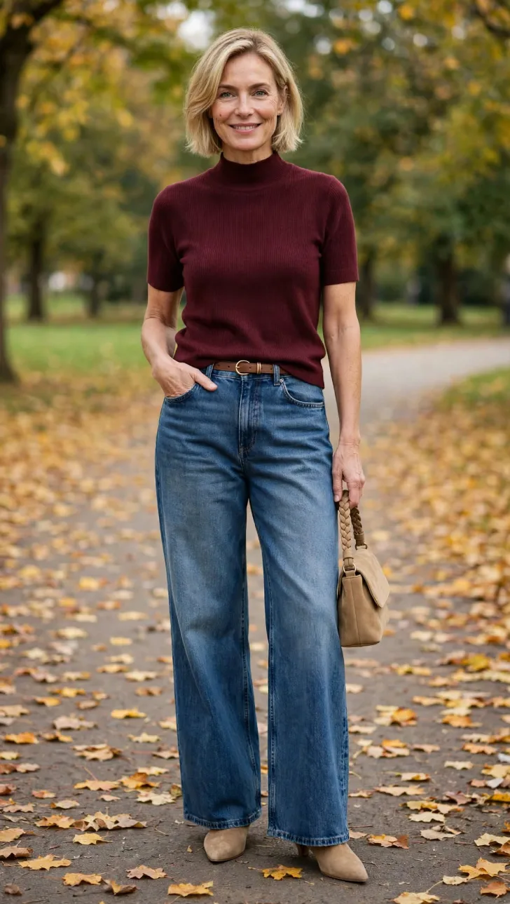 Woman with short blonde bob wearing medium-wash wide-leg jeans, burgundy short-sleeve turtleneck tucked with brown belt, tan pointed-toe boots and braided suede bag on autumn leaf path