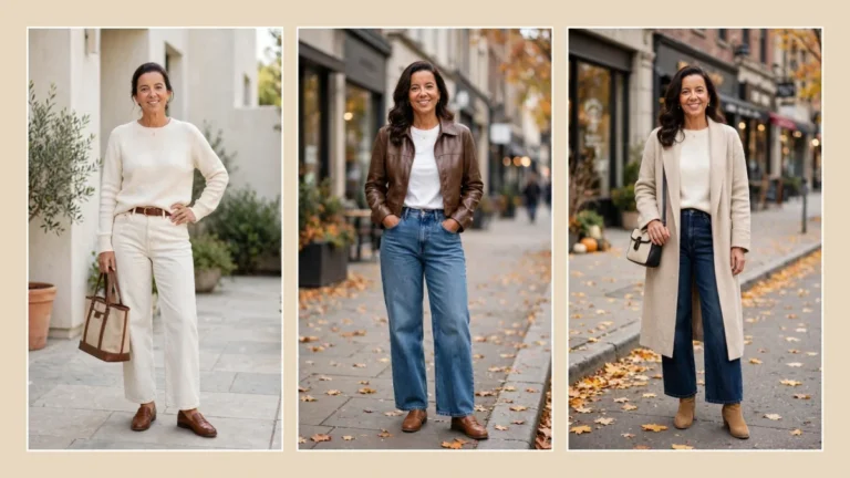 Three women over 40 in wide-leg jeans for fall on warm beige background - white jeans with cream sweater, medium wash with brown leather jacket, dark wash with long oatmeal cardigan
