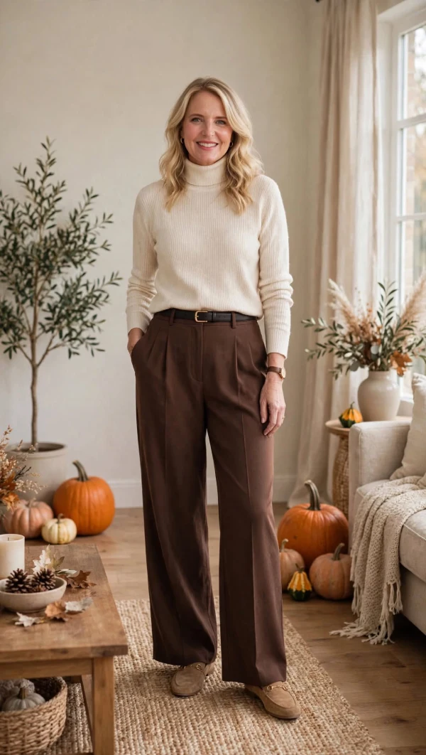 Woman over 40 in cream ribbed turtleneck and chocolate brown wide-leg trousers with tan loafers in fall living room with pumpkins