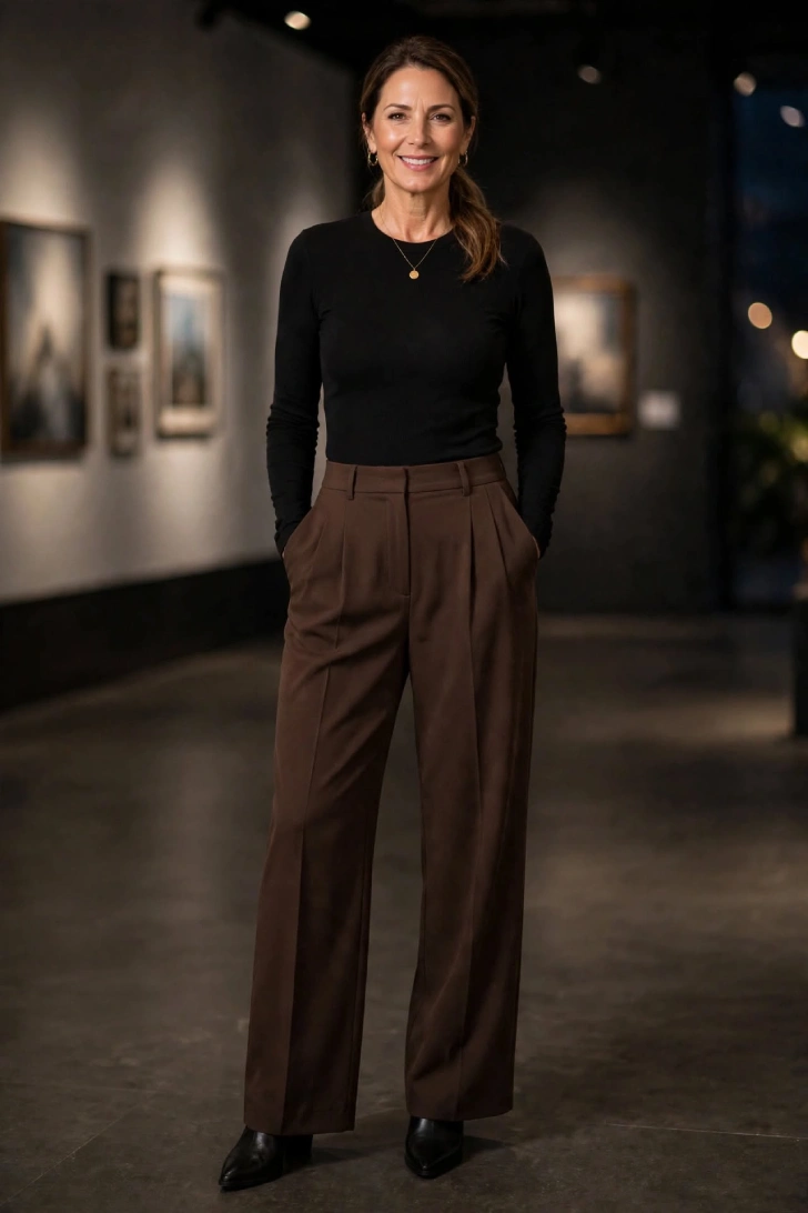 Woman over 40 wearing chocolate brown wide-leg high-waist trousers and black fitted long-sleeve bodysuit with pointed ankle boots in gallery at night