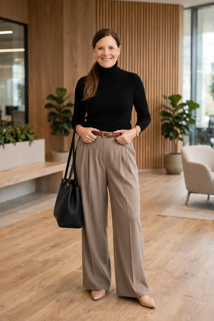 Woman with low ponytail wearing black fitted turtleneck, taupe wide leg trousers, brown belt, nude pointed flats and black tote in modern office lobby