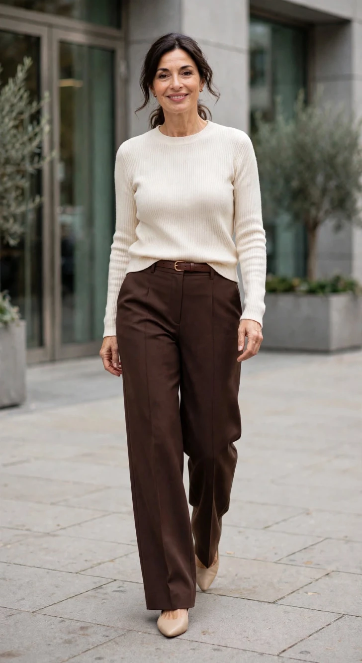 Woman over 40 wearing cream fitted knit and high-rise chocolate wide-leg trousers with clean front crease and beige pointed flats, low ponytail
