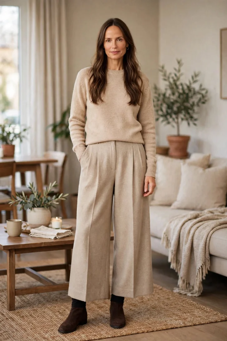 Woman over 40 wearing oatmeal high-rise wide leg wool trousers over black thermal leggings with matching cropped knit and brown suede boots indoors