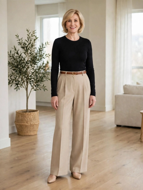  Woman with blonde bob wearing black long-sleeve bodysuit tucked into beige wide-leg trousers with brown belt and nude flats