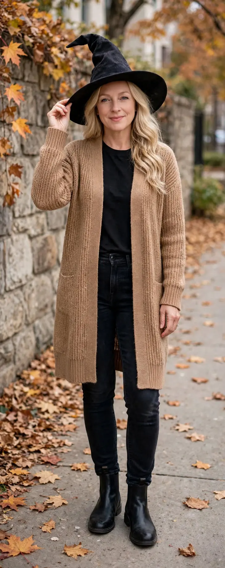 Woman in her 40s with clear smooth skin, blonde hair over one shoulder, wearing camel long cardigan, black tee, dark jeans, black Chelsea boots and black witch hat with bent tip on autumn sidewalk