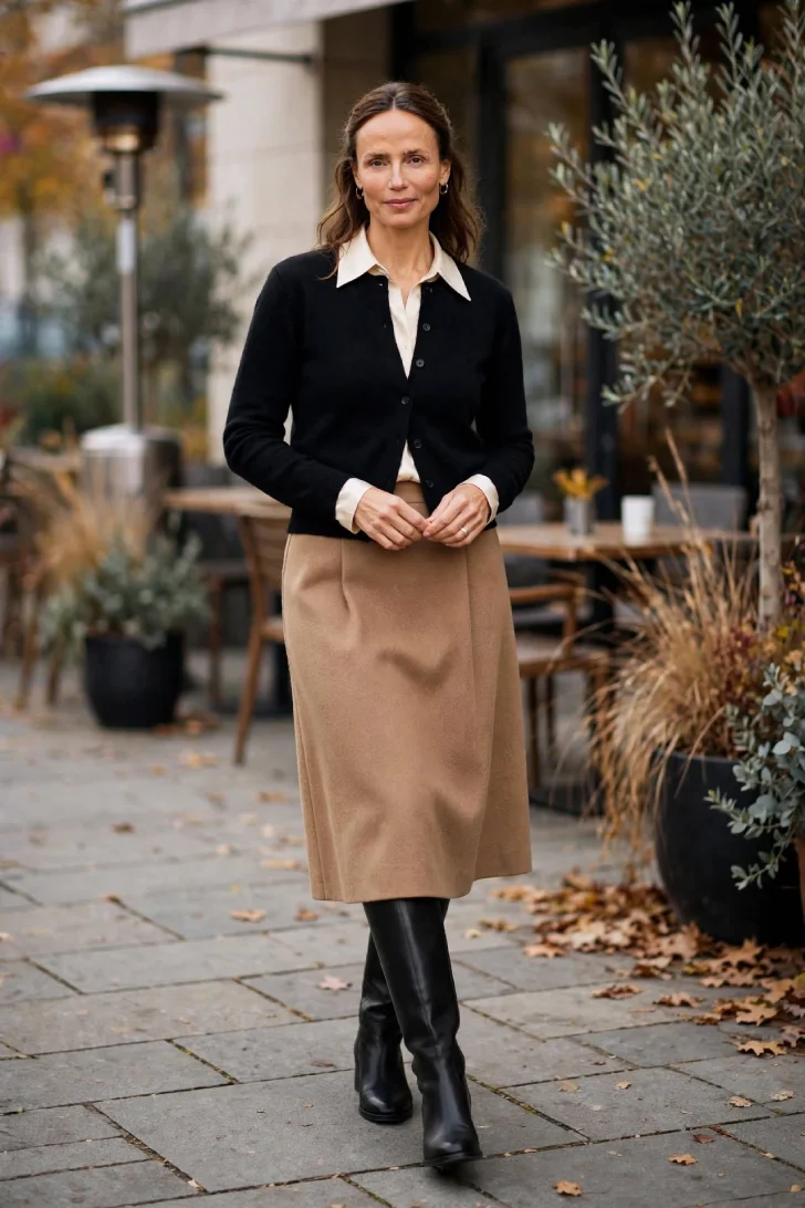 Woman over 40 wearing camel wool midi skirt with black knee-high boots and black cropped cardigan over cream silk blouse on cafe terrace