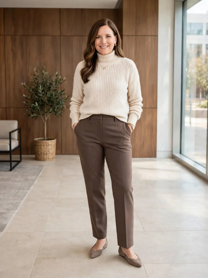  Woman in minimalist wood office lobby wearing chocolate straight wool trousers with front crease, cream fine-knit turtleneck and taupe pointed flats with hands in pockets