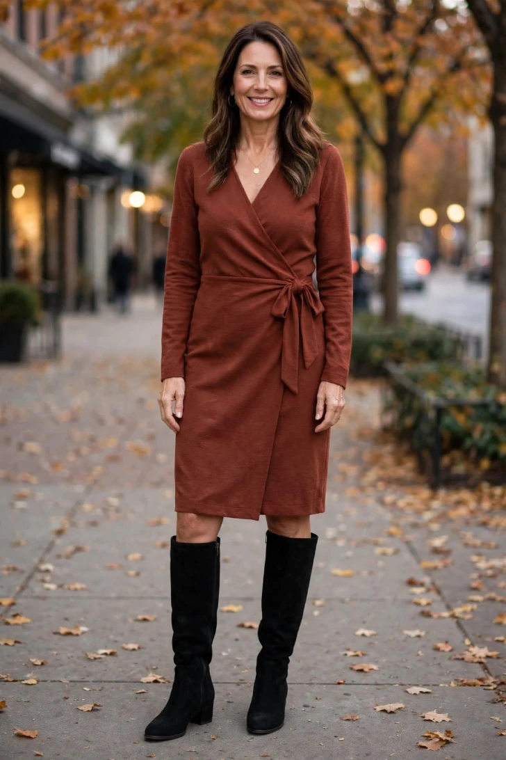 Woman over 40 wearing rust terracotta long-sleeve wrap dress with waist tie and black suede knee-high boots on fall leaf sidewalk