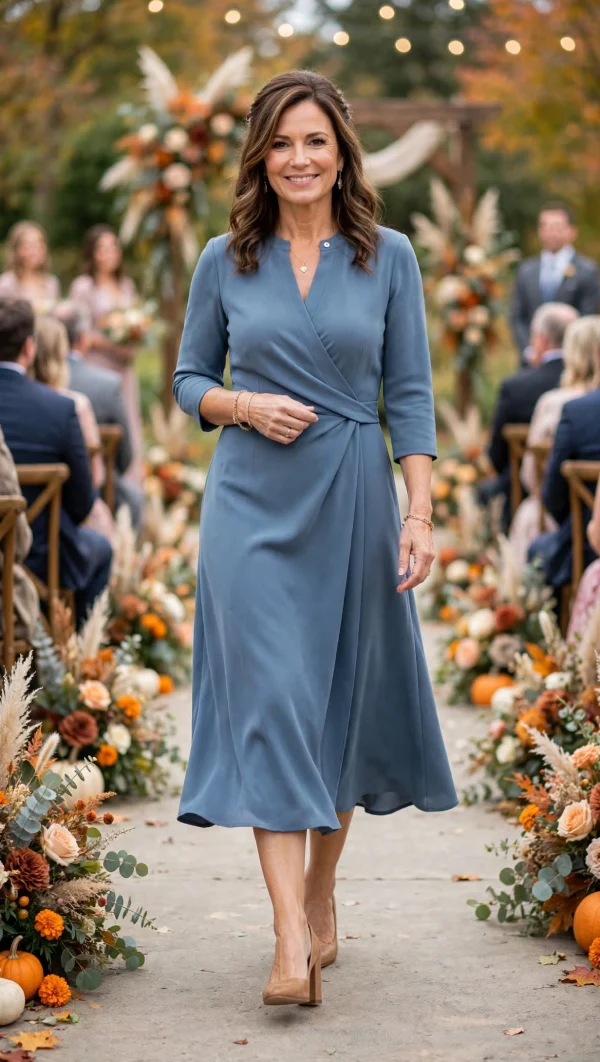 Woman over 40 wearing dusty blue matte crepe wrap midi dress with snap closure, tan block heels, walking down fall garden wedding aisle